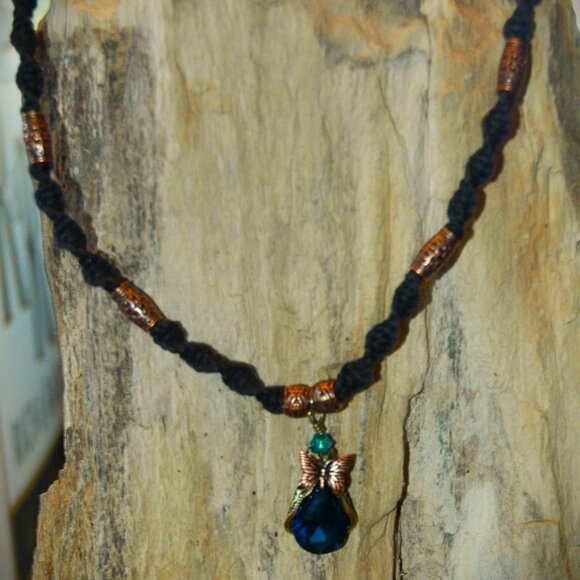 Teardrop Blue Topaz Colored Butterfly on a 22 1/4" Handmade Black Hemp Chain - Picture 6 of 7